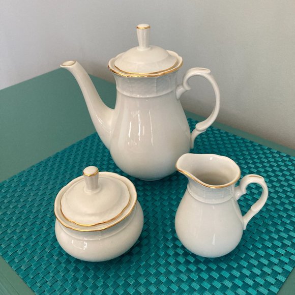 Gold White Tea Pot Creamer Sugar 50th Anniversary! NOS VTG Czechoslavakia Thun